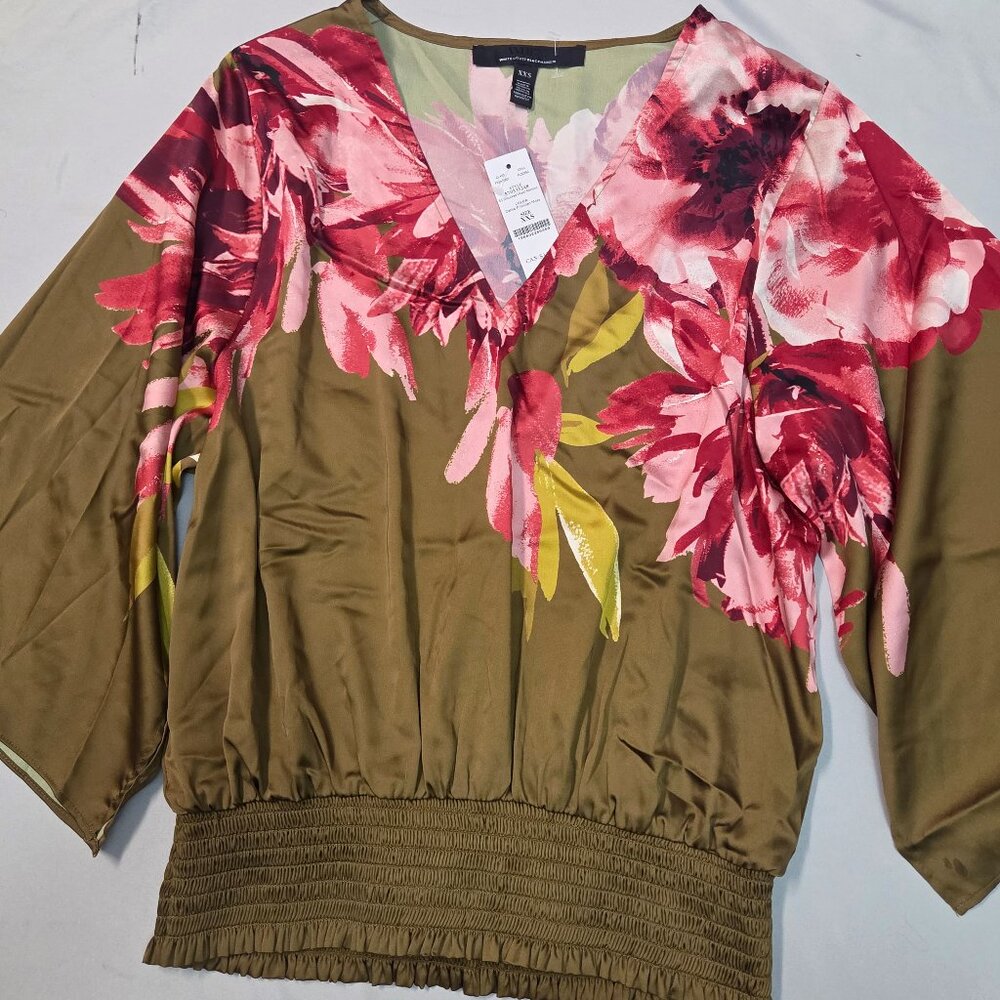 🌸Chic White House Floral Kimono Blouse–Elegant Olive Green with Bold Pink XXS🌸 - Picture 1 of 8